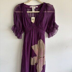 NWT Max Studio Womens Silk V-Neck Ruffled Sleeve Tie Back Dress Purple SZ Medium